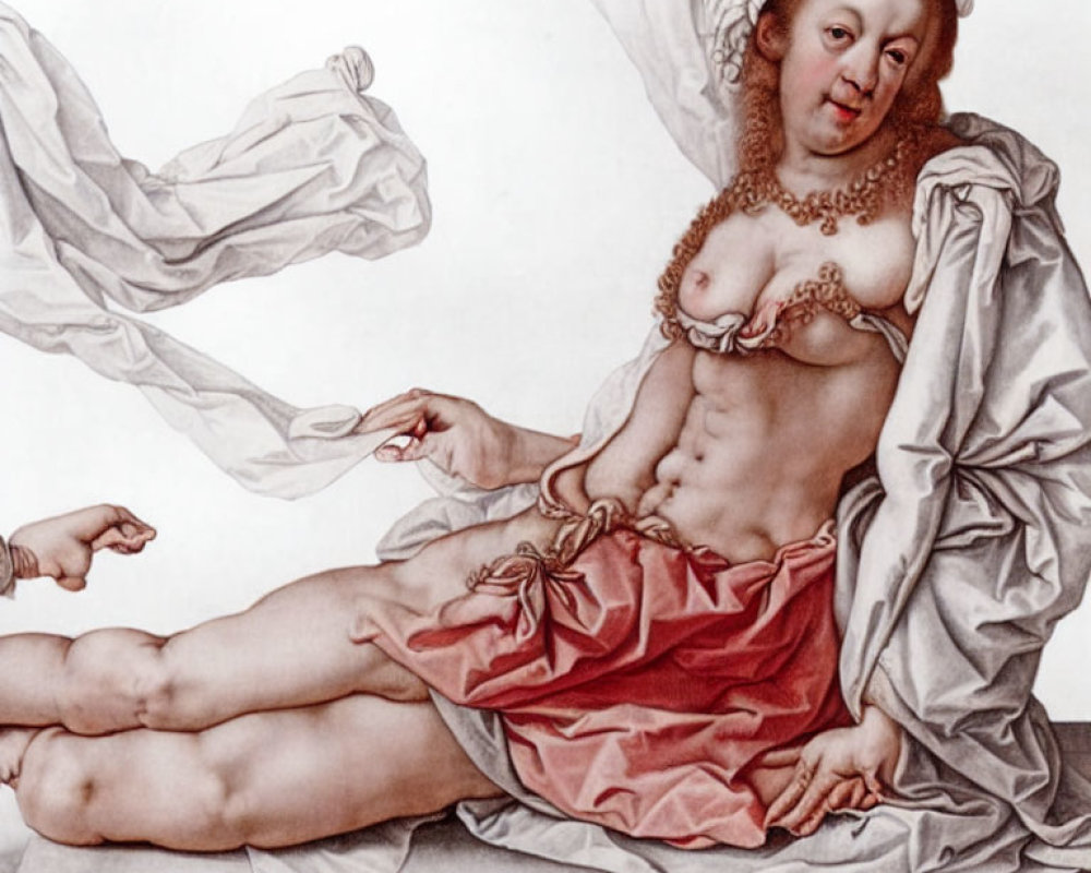 Classical Painting of Reclining Woman with Exposed Breasts and Red Drape