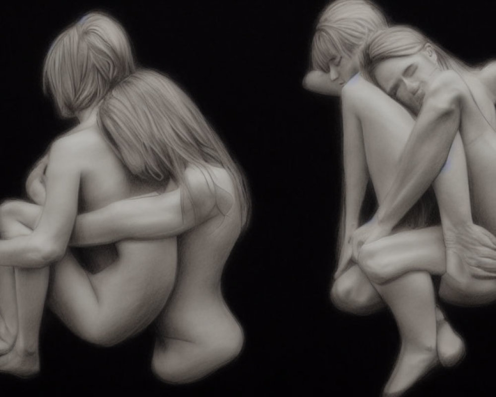 Monochrome drawing of two figures in mirrored pose