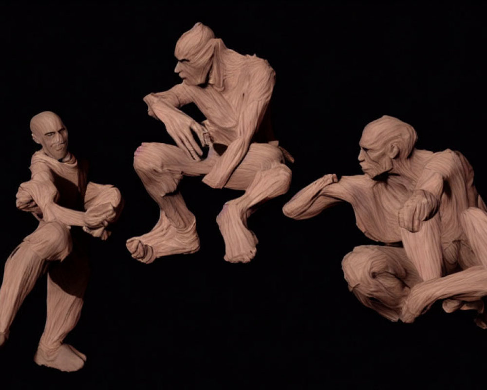 Wooden humanoid figures in dynamic poses on dark background.