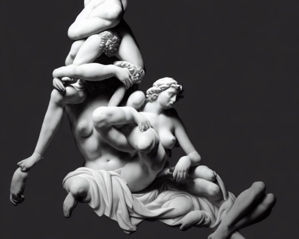 Monochrome sculpture of intertwined human figures carrying each other
