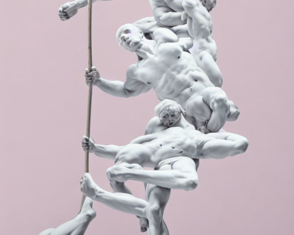 Digital artwork of male figures forming vertical structure on pink background