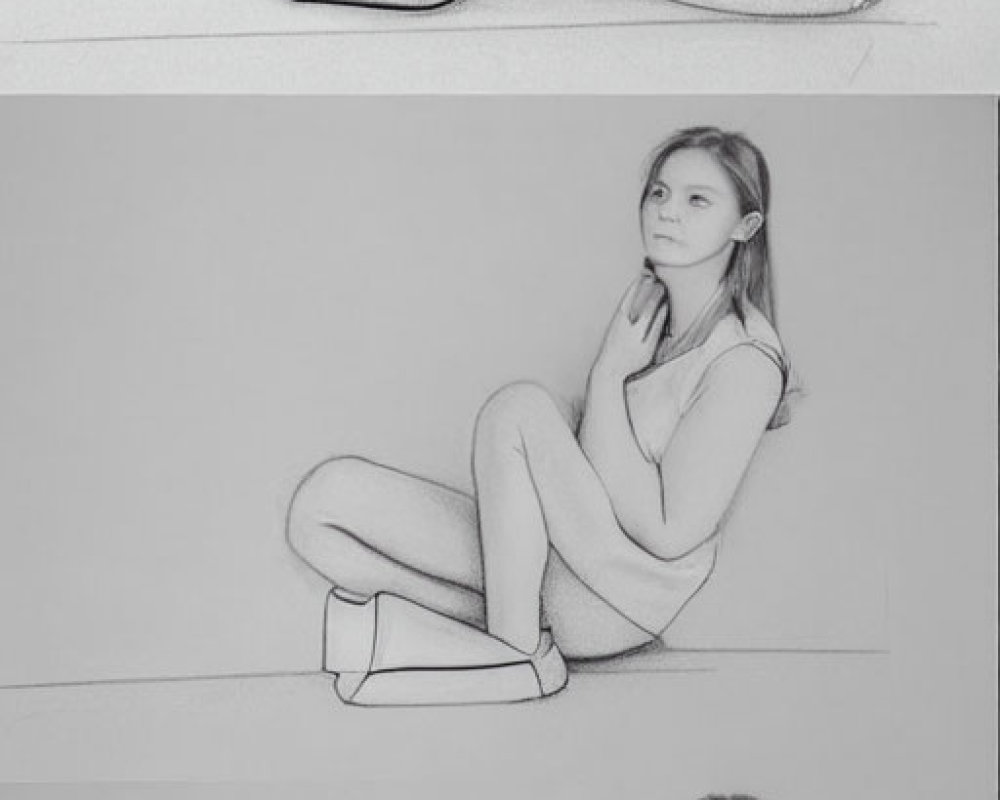 Three pencil sketches of seated female figure in various poses with realistic proportions and shading