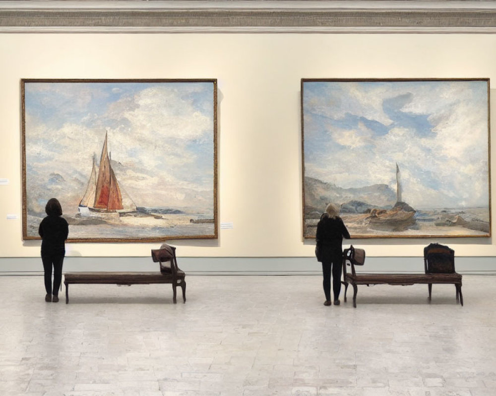 Tranquil art gallery with large maritime paintings and classical architecture