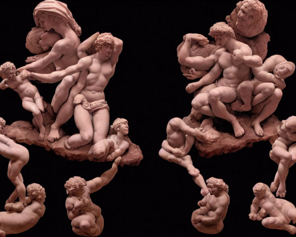 Detailed sculpture of multiple cherubic figures in playful poses on dark background