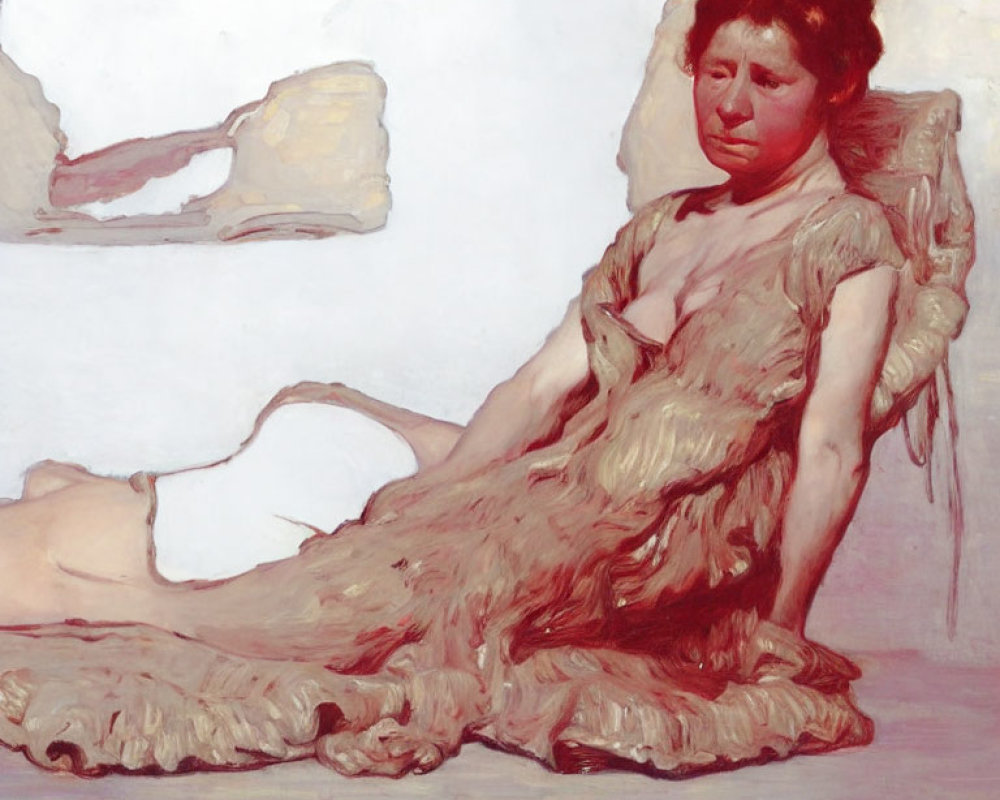 Reclining woman in flowing dress with pensive expression against minimalistic background.