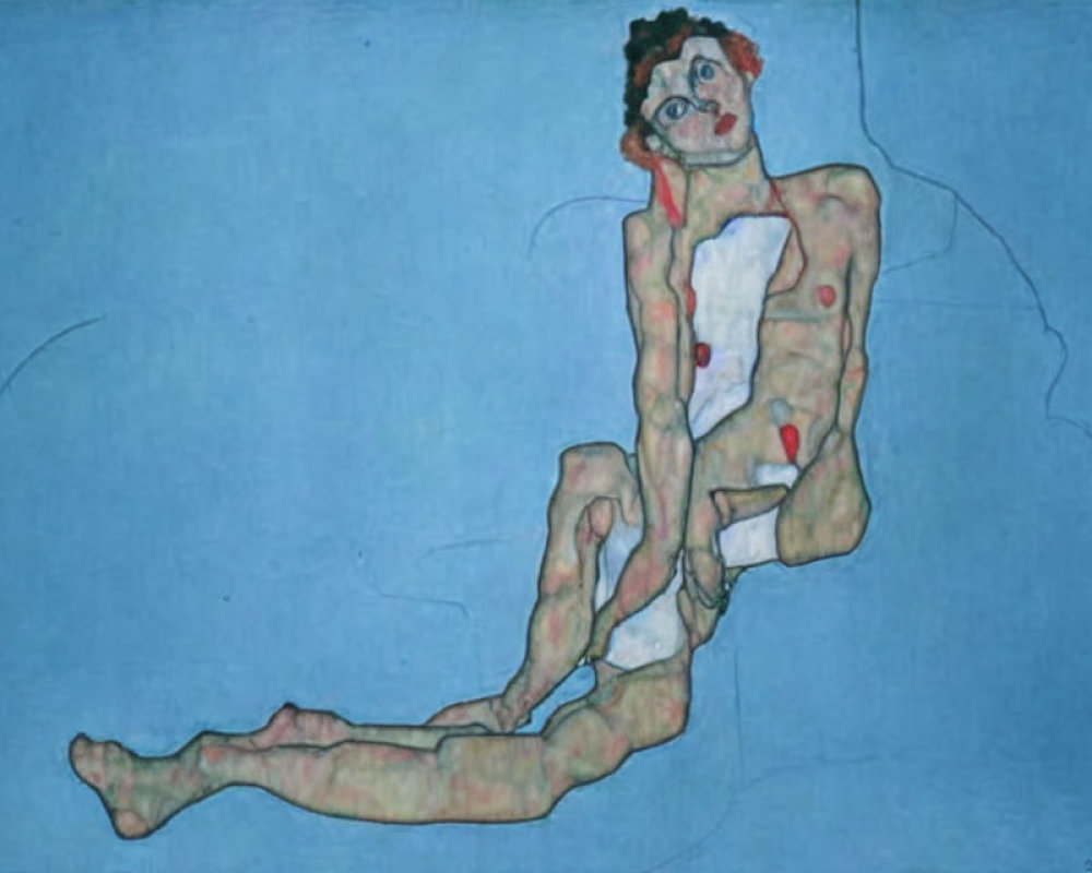 Expressionistic painting of contorted male figure on blue background