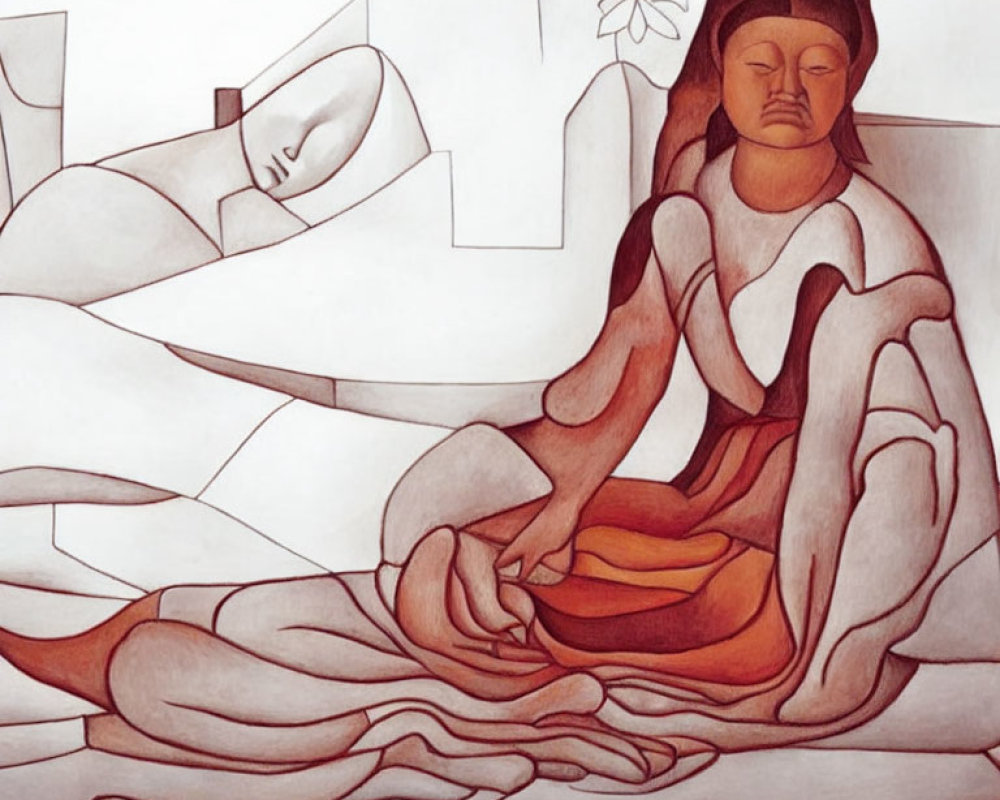 Stylized painting of two figures in meditative poses