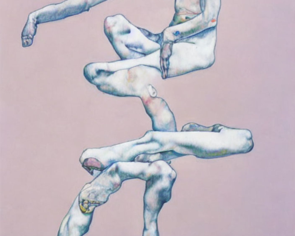 Abstract painting of disjointed human limbs on pink background