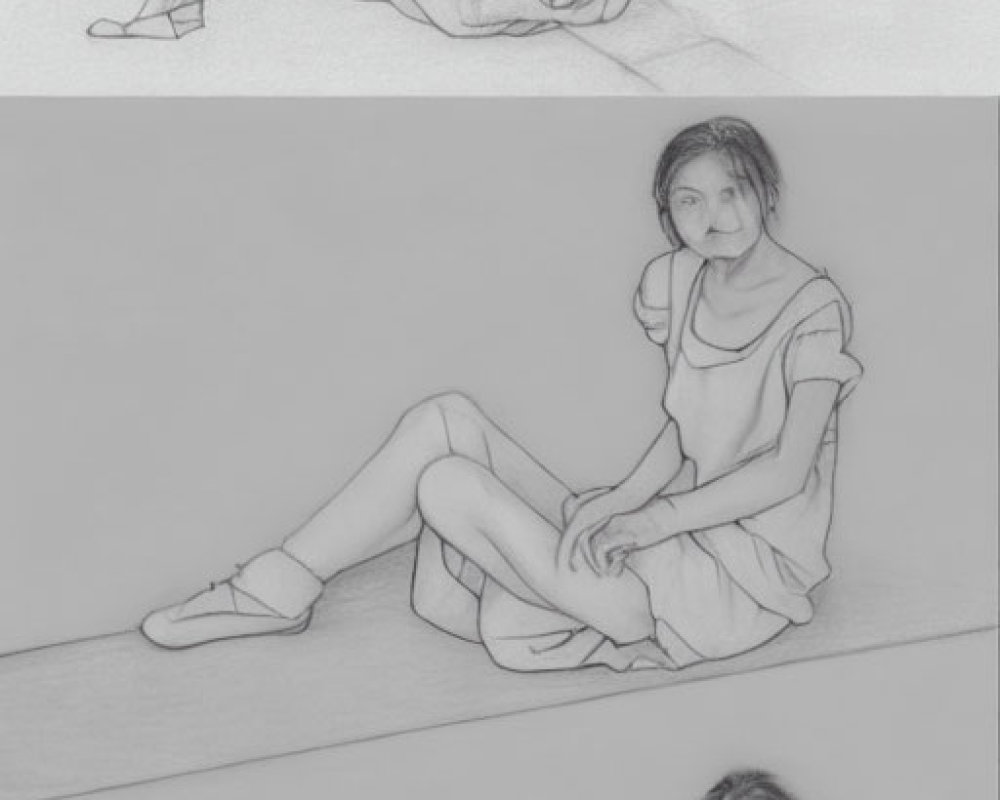 Progressive sketches of woman sitting in hat, T-shirt, and shorts