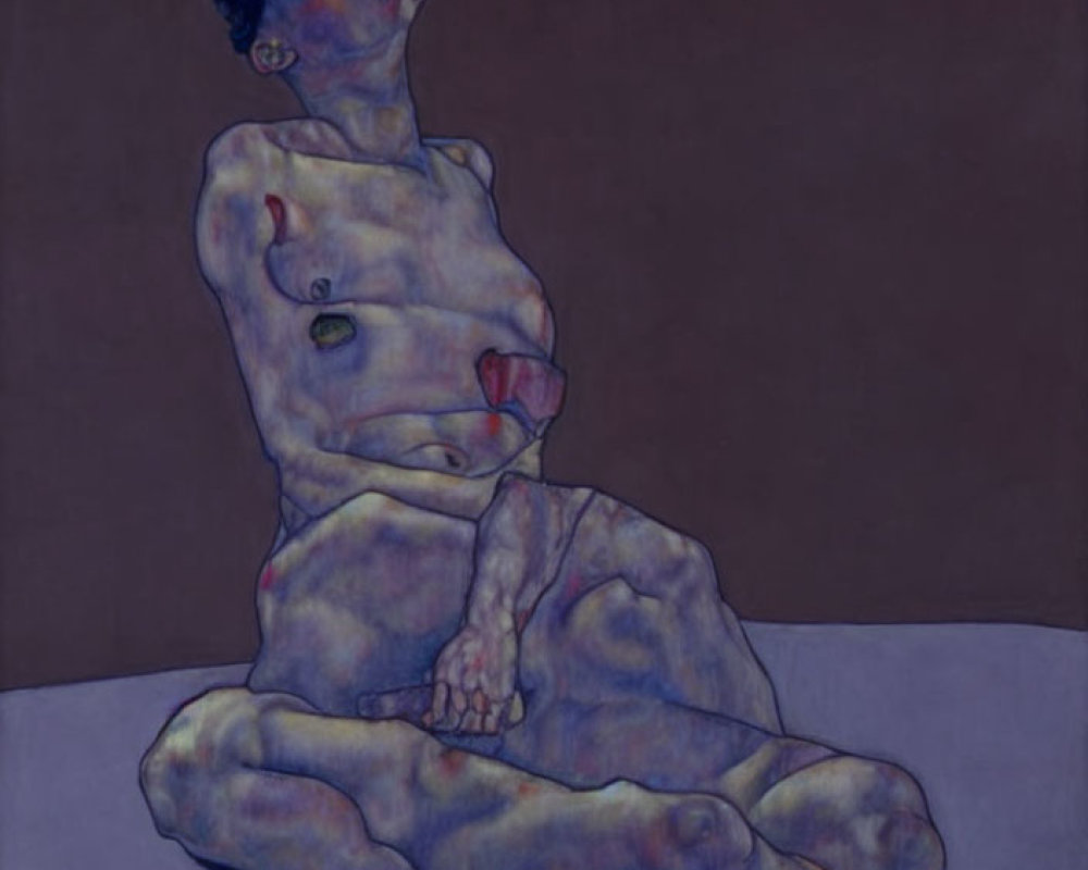 Distorted figure in blue and purple against dark background
