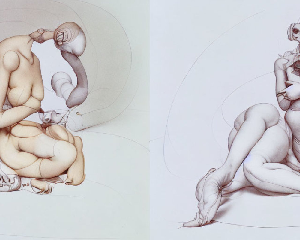 Surreal drawings of entwined human forms and oversized head with smaller figure