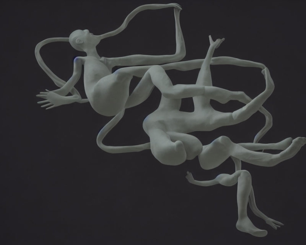 Surreal digital artwork featuring human-like figure with elongated limbs
