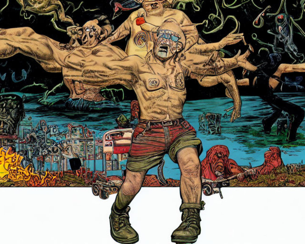 Muscular man with multiple arms surrounded by surreal creatures in chaotic, colorful scenery blending science and fantasy elements