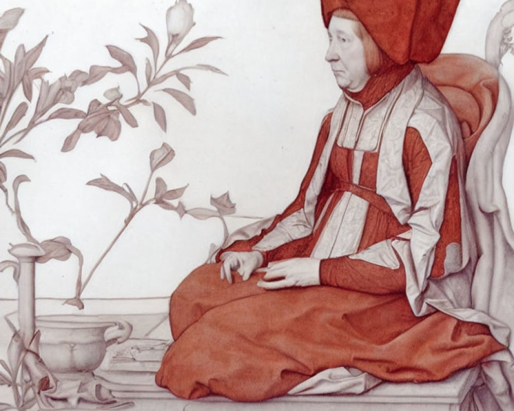 Medieval illustration: Seated figure in red and white robes with pointed hat, next to flowering plant