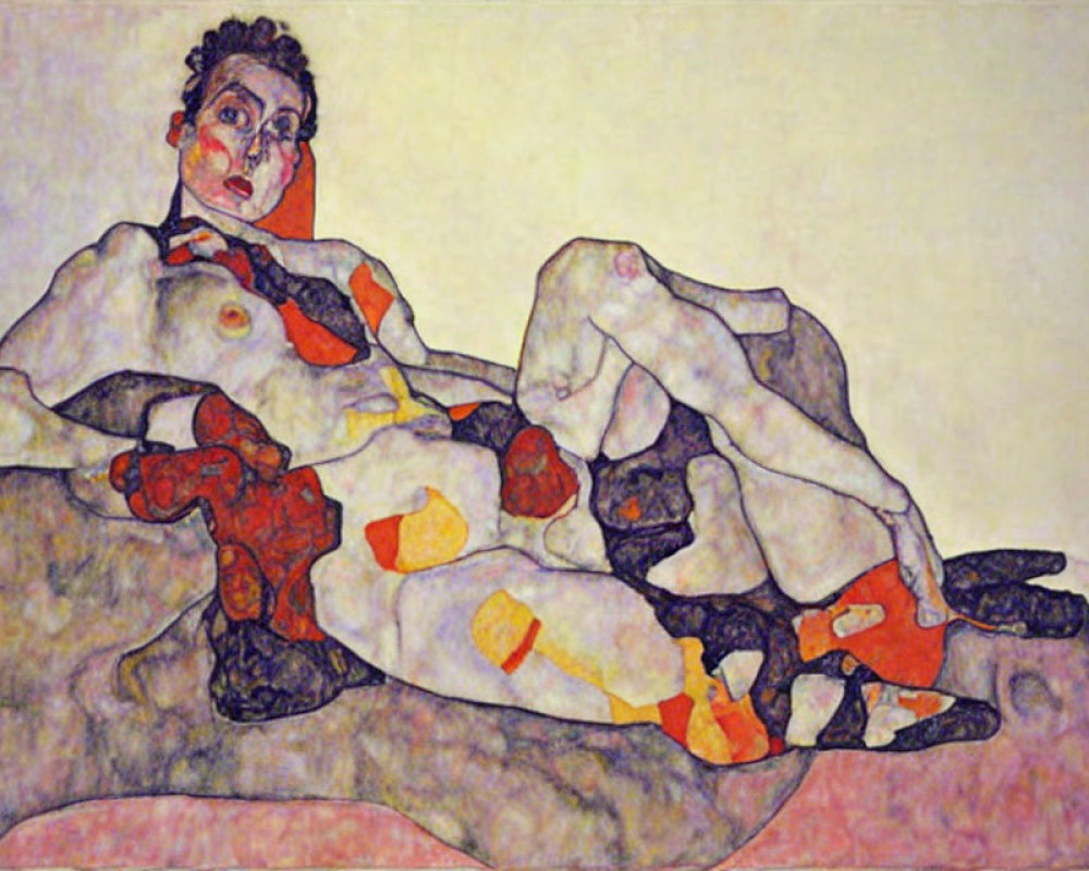 Expressionist painting of reclining female figure with pale skin and red/yellow patches on muted background