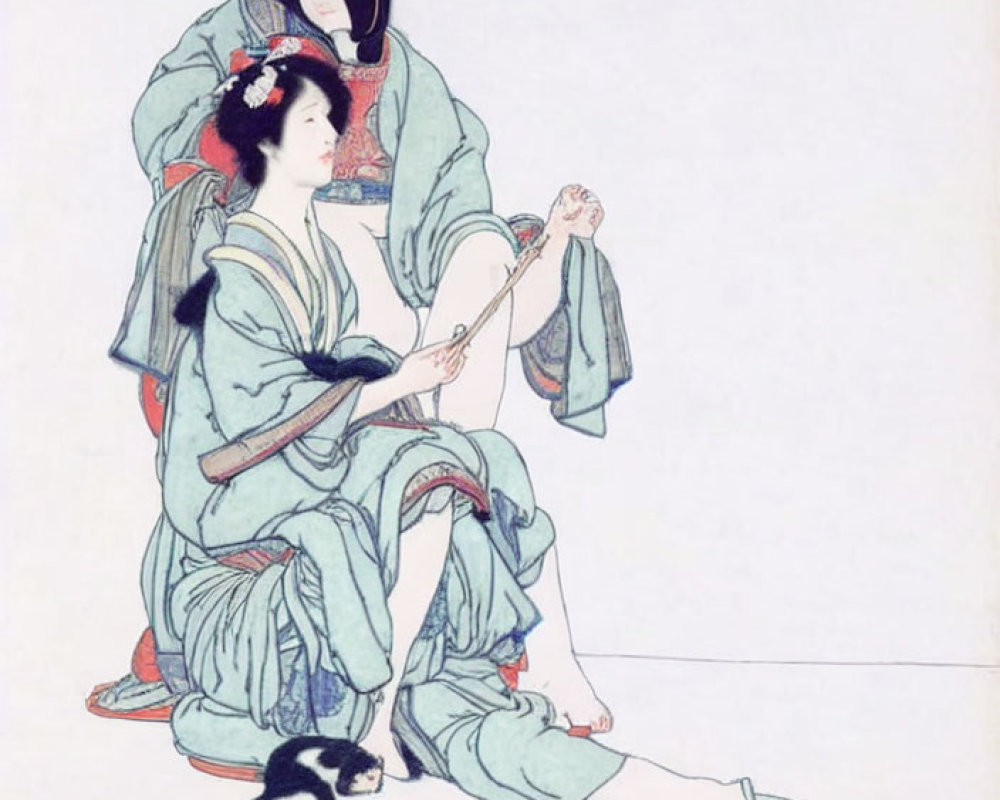 Traditional Japanese Attire Women with Shamisen and Cat on Pale Background