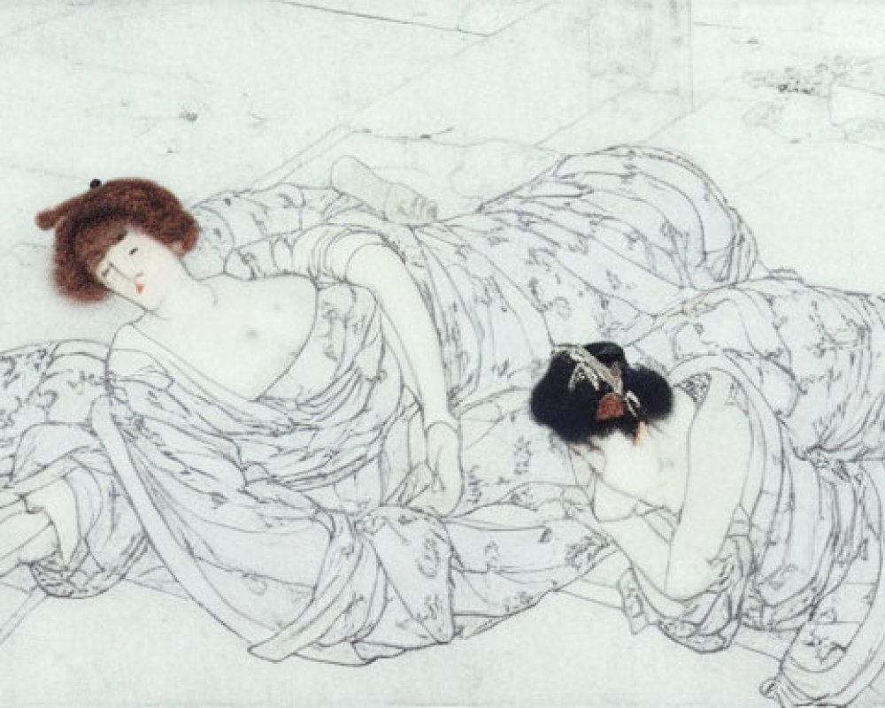 Detailed illustration of woman in elaborate robes with black cat resting on her back