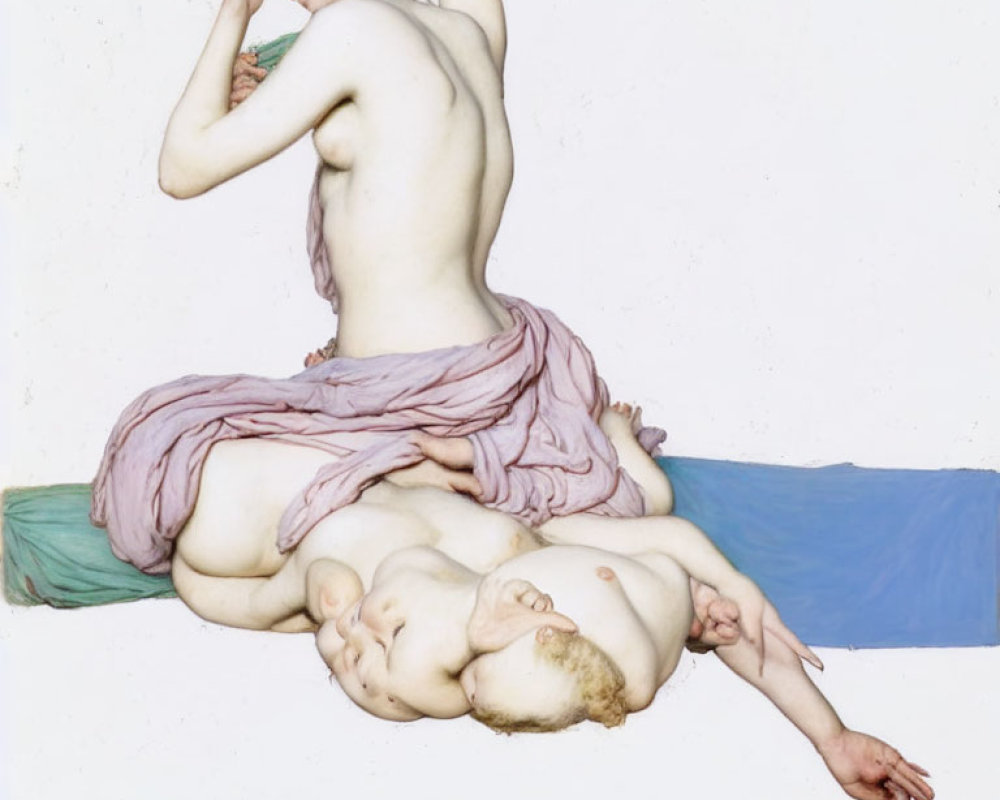 Classical painting of reclining nude female with draped fabric and sleeping infant