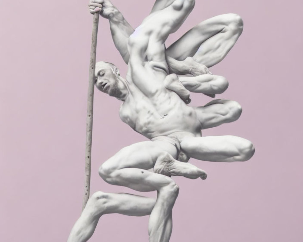 Multilimbed humanoid sculpture on pole against pink backdrop