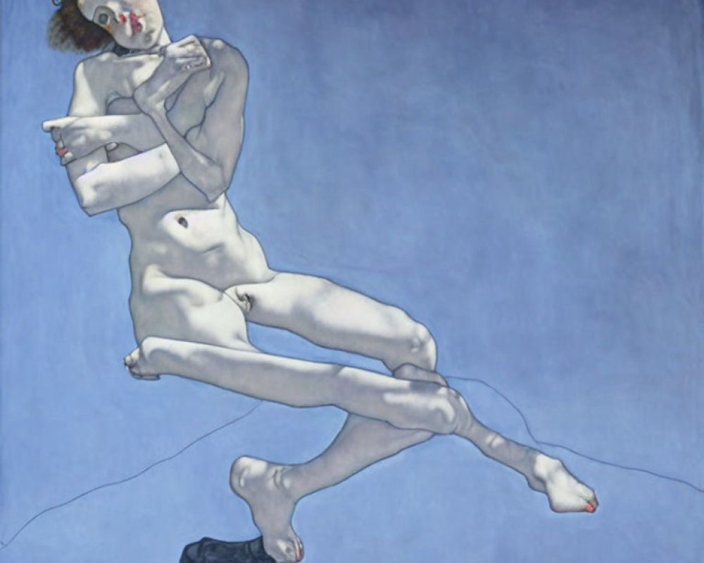 Distorted figure with elongated limbs in surreal painting