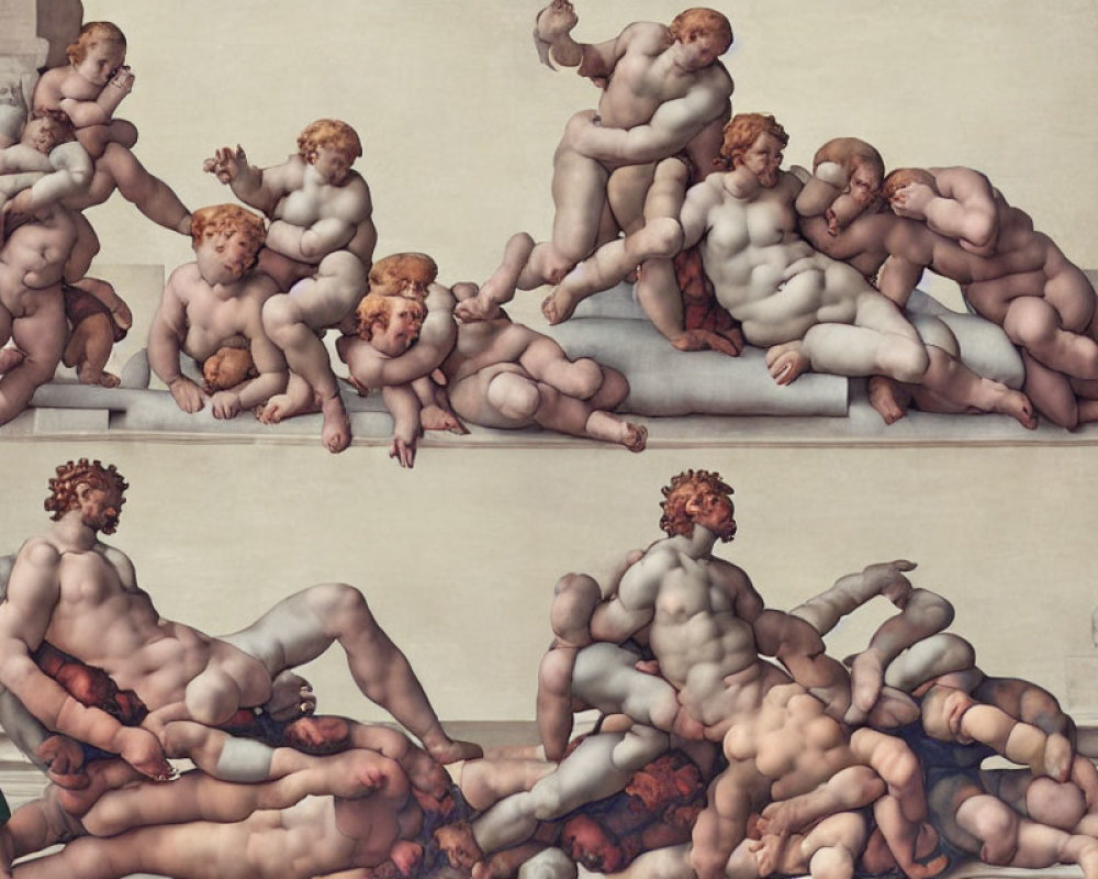 Classical painting featuring cherubic figures and muscular adults in various poses