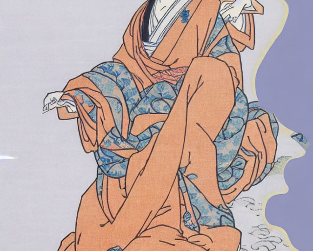 Traditional Japanese Woodblock Print of Woman in Flowing Kimono