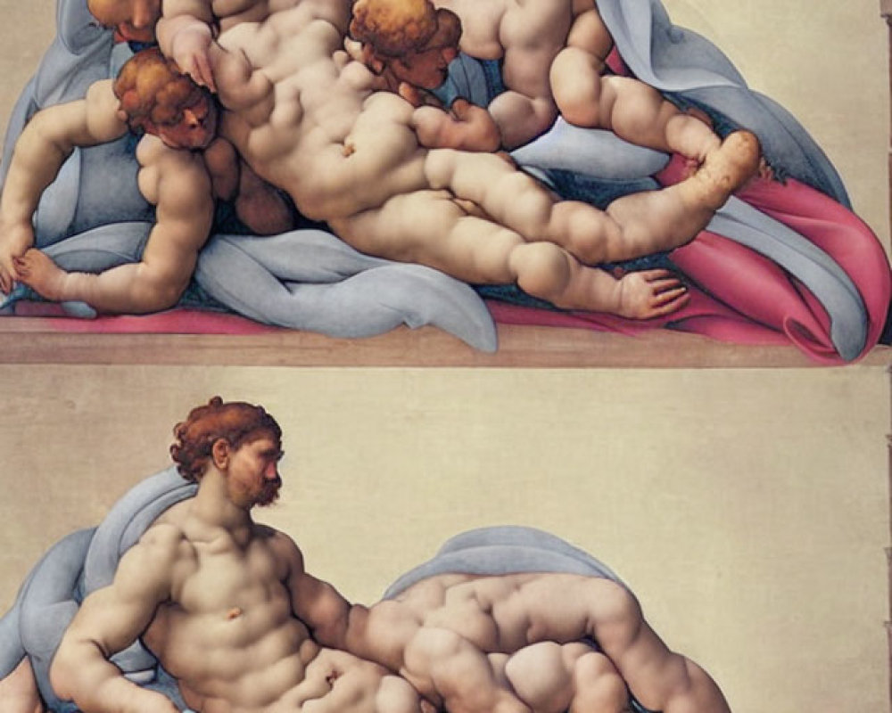 Renaissance painting: Muscular figures draped in blue and pink on clouds