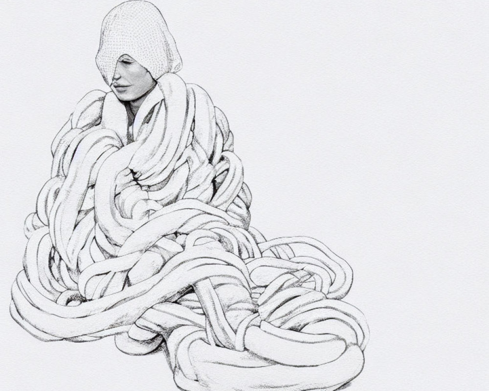 Detailed pencil sketch of person with shrouded face entwined in snake-like ropes.