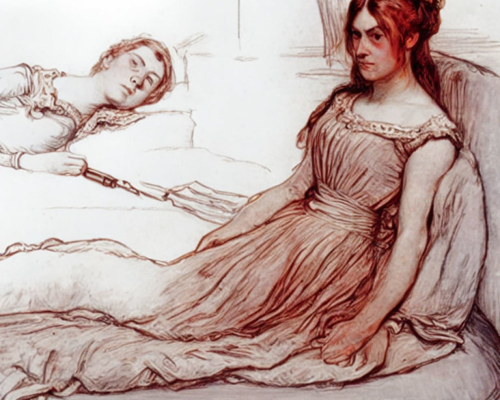 Vintage drawing of two women in period dresses on a couch