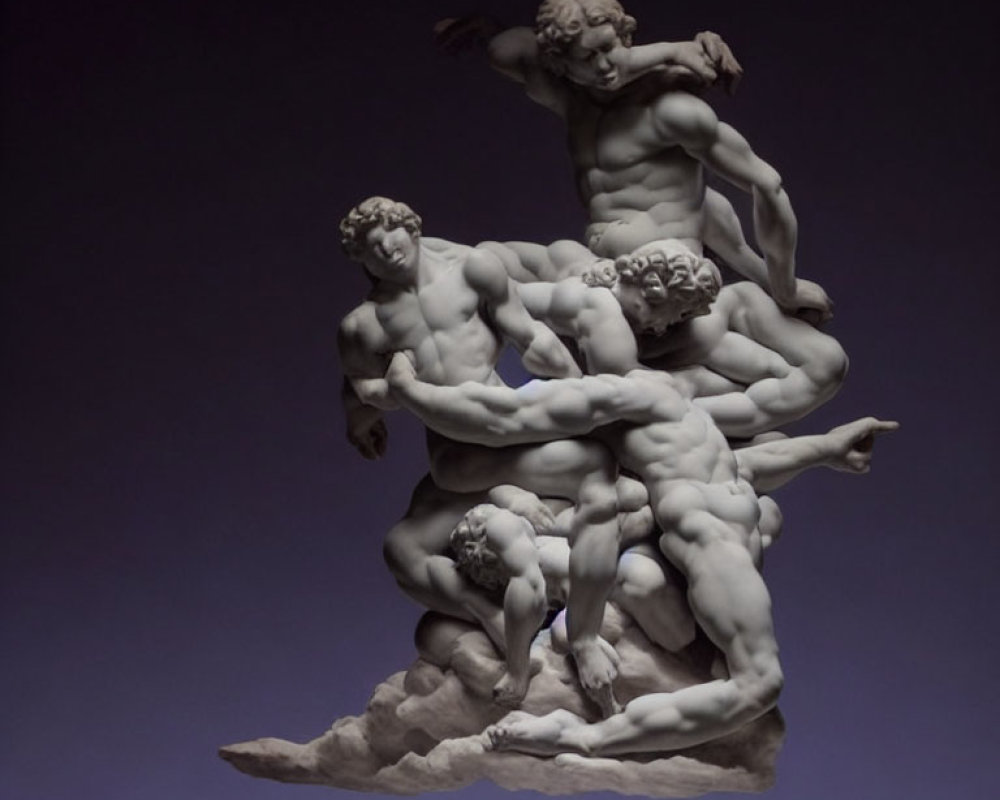 Dynamic sculpture of four muscular figures in intertwined poses