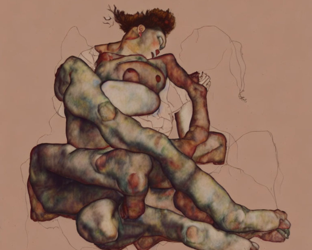 Abstract drawing: Contorted human figure with multiple limbs on beige background