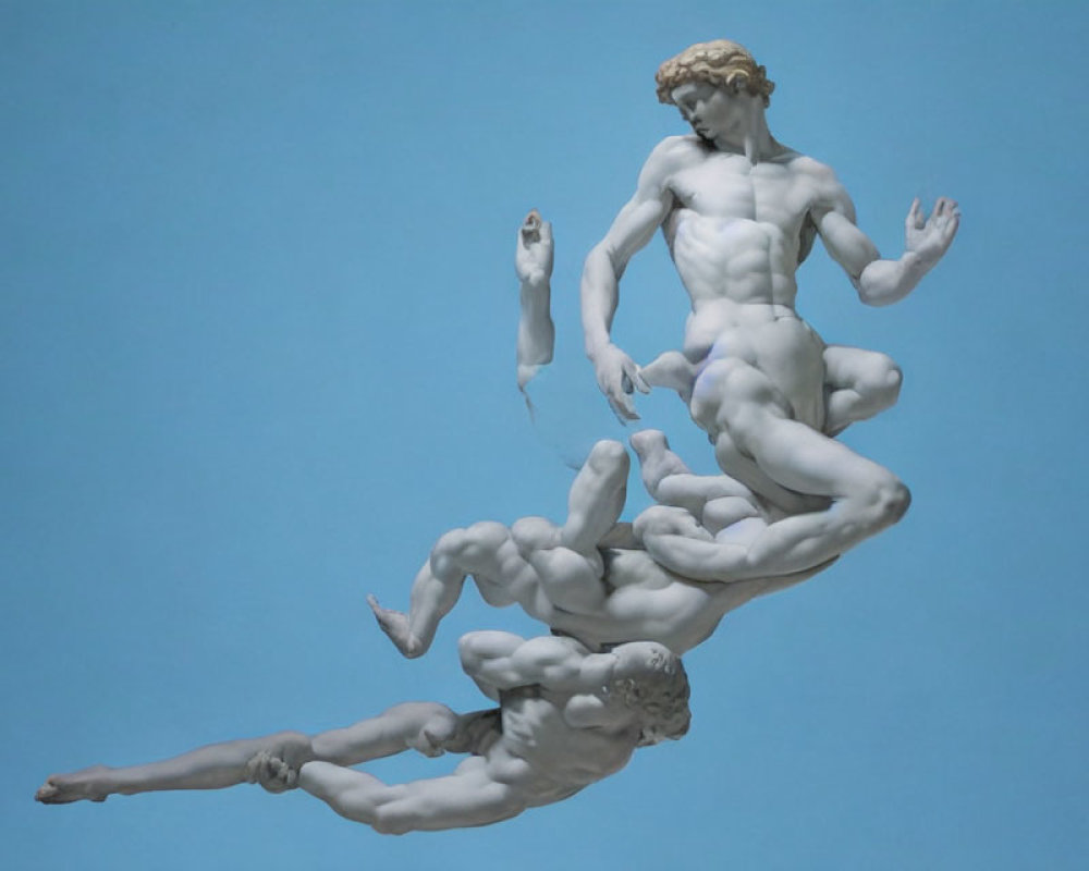Dynamic Human Figures Sculpture on Blue Background Showing Movement