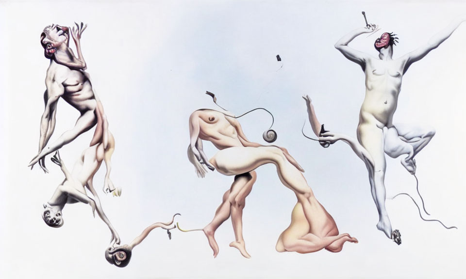 Surreal artwork featuring distorted humanoid figures with snail shells and tentacles.