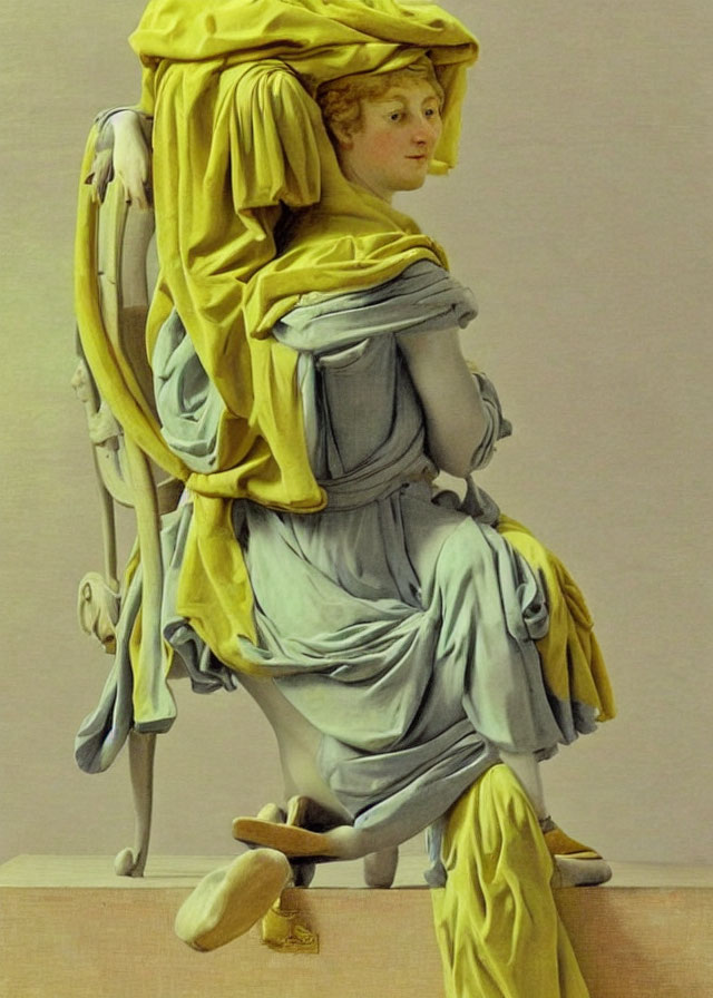 Classical statue of woman in draped garments with yellow cloth and chair