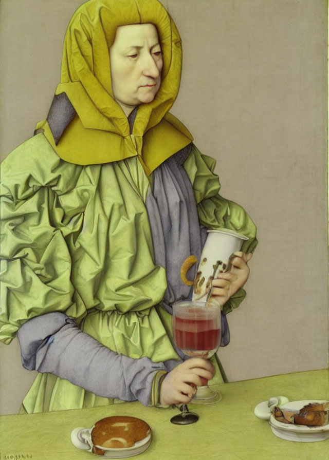 Person in Green Robe Holding Glass of Red Liquid with Pancakes and Bread Slice