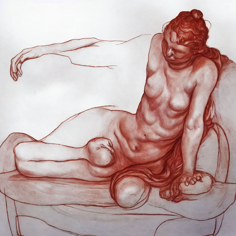 Seated nude figure in red chalk with flowing hair