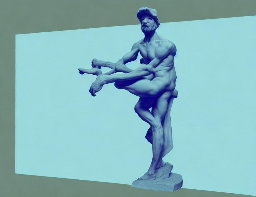 Blue-toned sculpture of a bearded, muscular man in dynamic pose against yellow wall