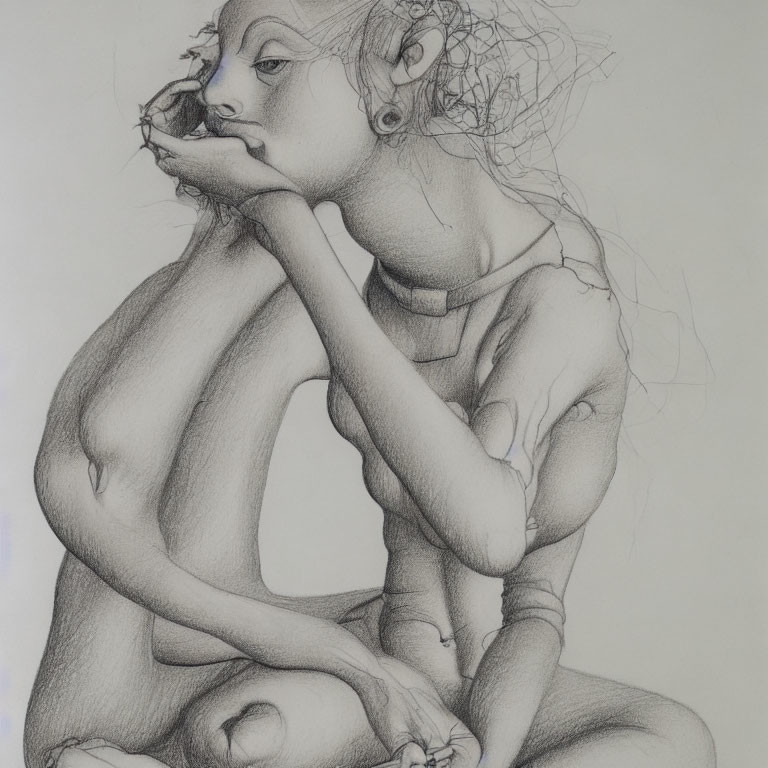 Abstract female figure with exaggerated features in pensive pose