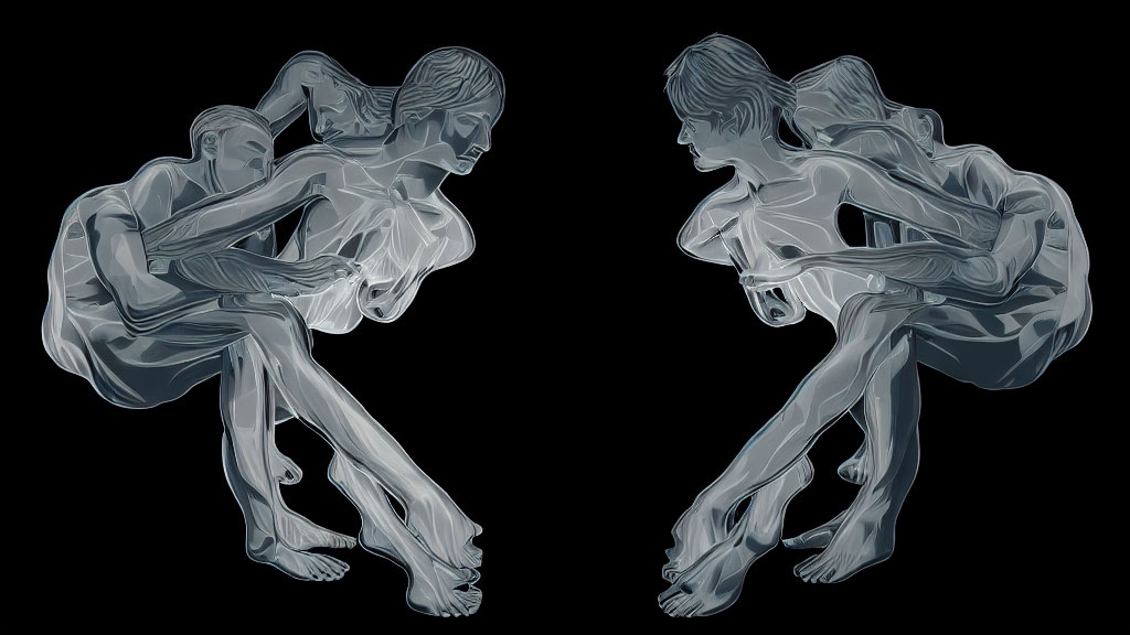 Translucent 3D human figures mirror pose with invisible object.