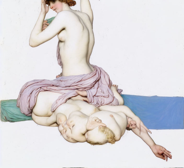Classical painting of reclining nude female with draped fabric and sleeping infant