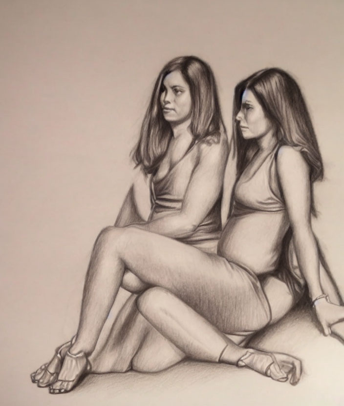 Two seated women in pencil sketch, back to back, with similar features and casual poses, one gl