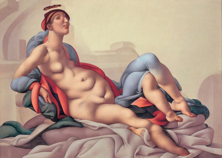 Classical painting of reclining figure in blue draped garment