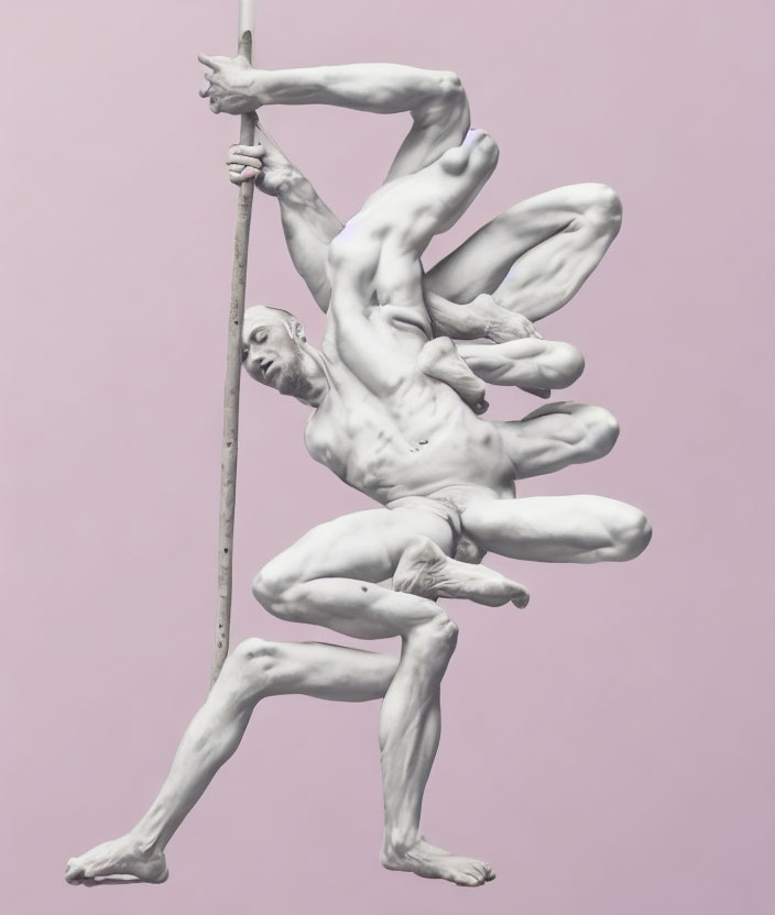 Multilimbed humanoid sculpture on pole against pink backdrop