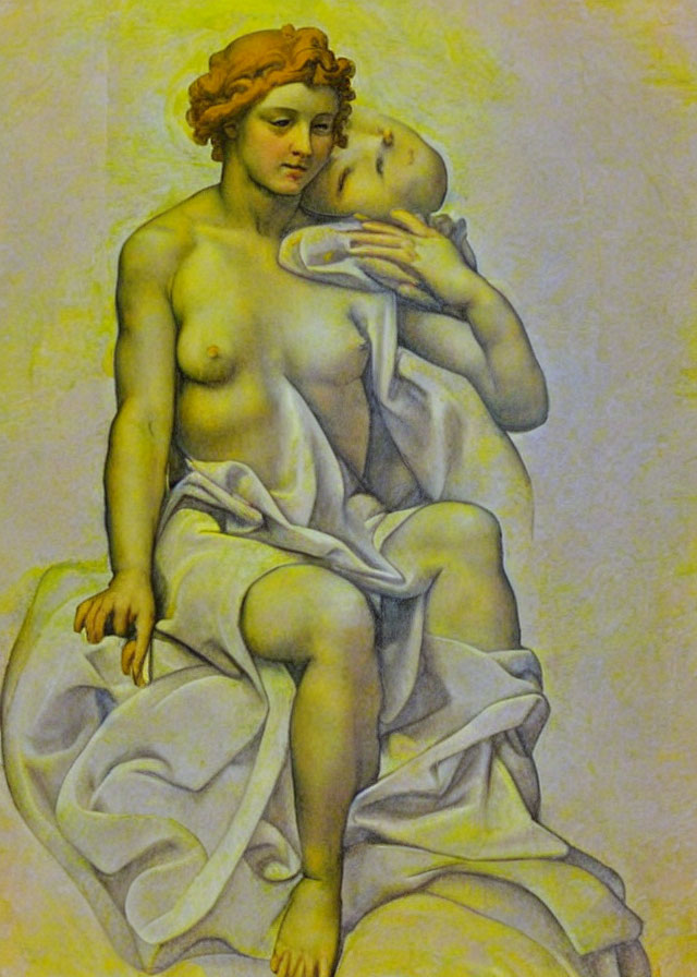 Classic Painting of Woman and Child Embracing on Yellow Background