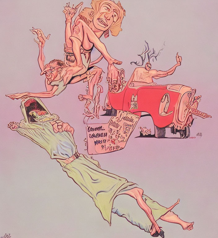 Colorful Surreal Drawing with Distorted Figures and Vintage Car
