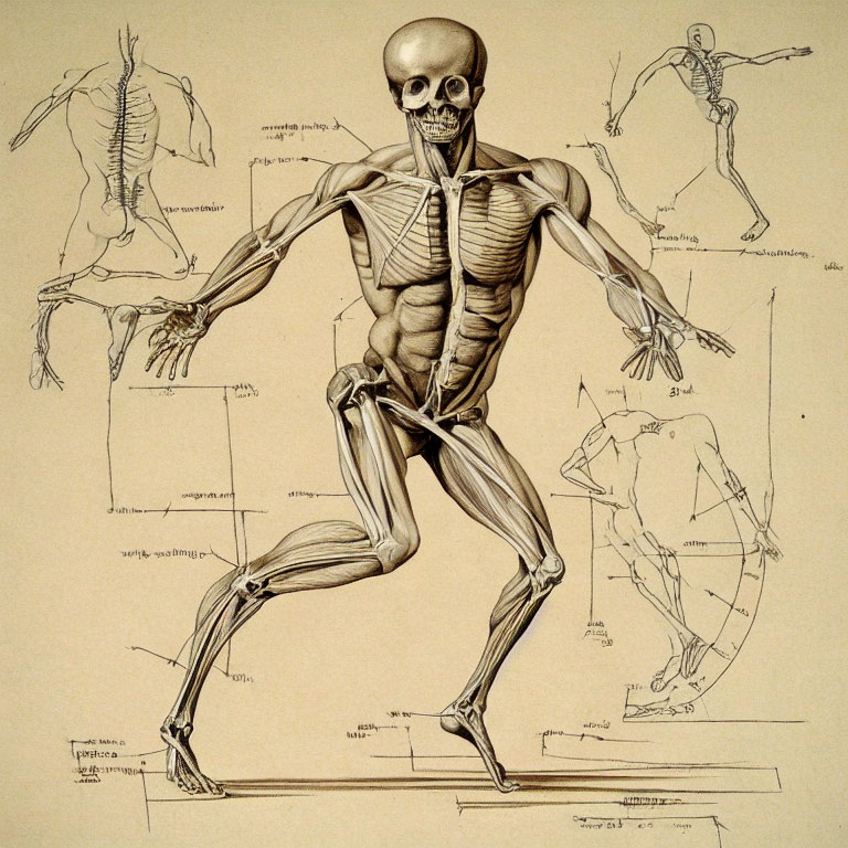 Detailed Human Skeletal Structure with Muscles Overlay and Anatomical Sketches