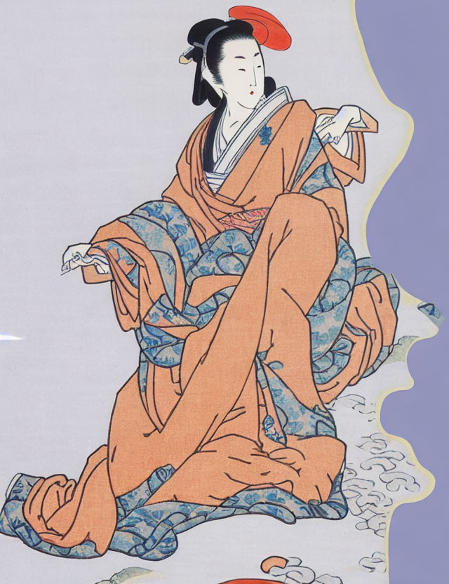 Traditional Japanese Woodblock Print of Woman in Flowing Kimono