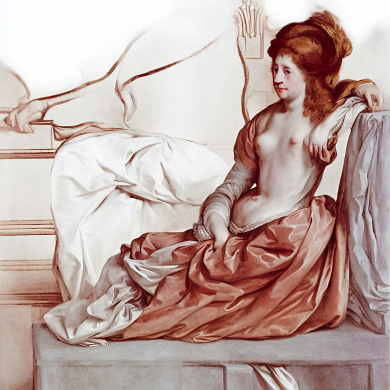Elegant woman reclining on bench in white and rust-colored fabrics