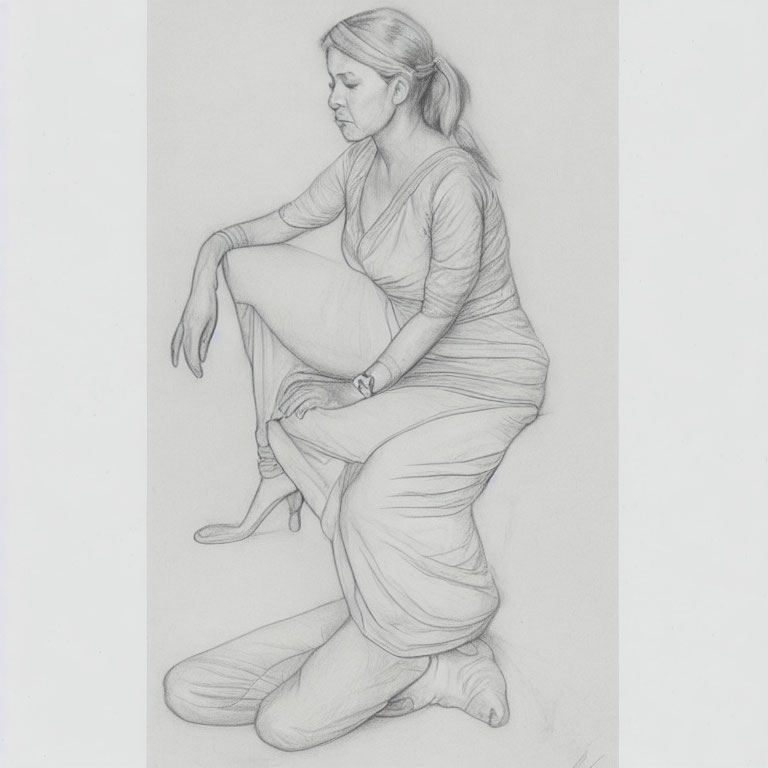 Seated woman in pencil sketch, looking pensive