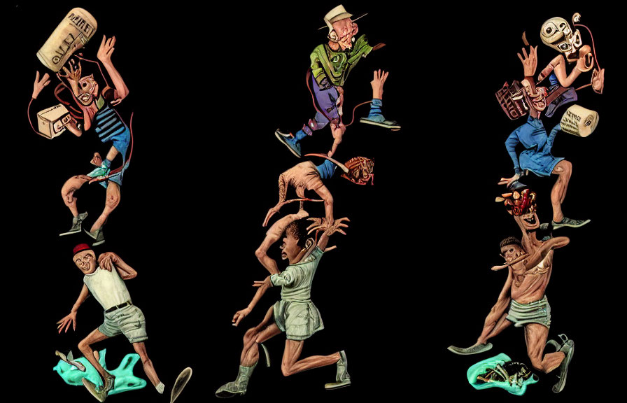 Six dynamic cartoon characters in exaggerated poses with props on black background
